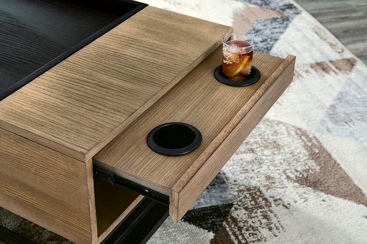 Signature Design by Ashley Fridley Modern Lift Top Cocktail Table with Cupholders and Casters, Light Brown