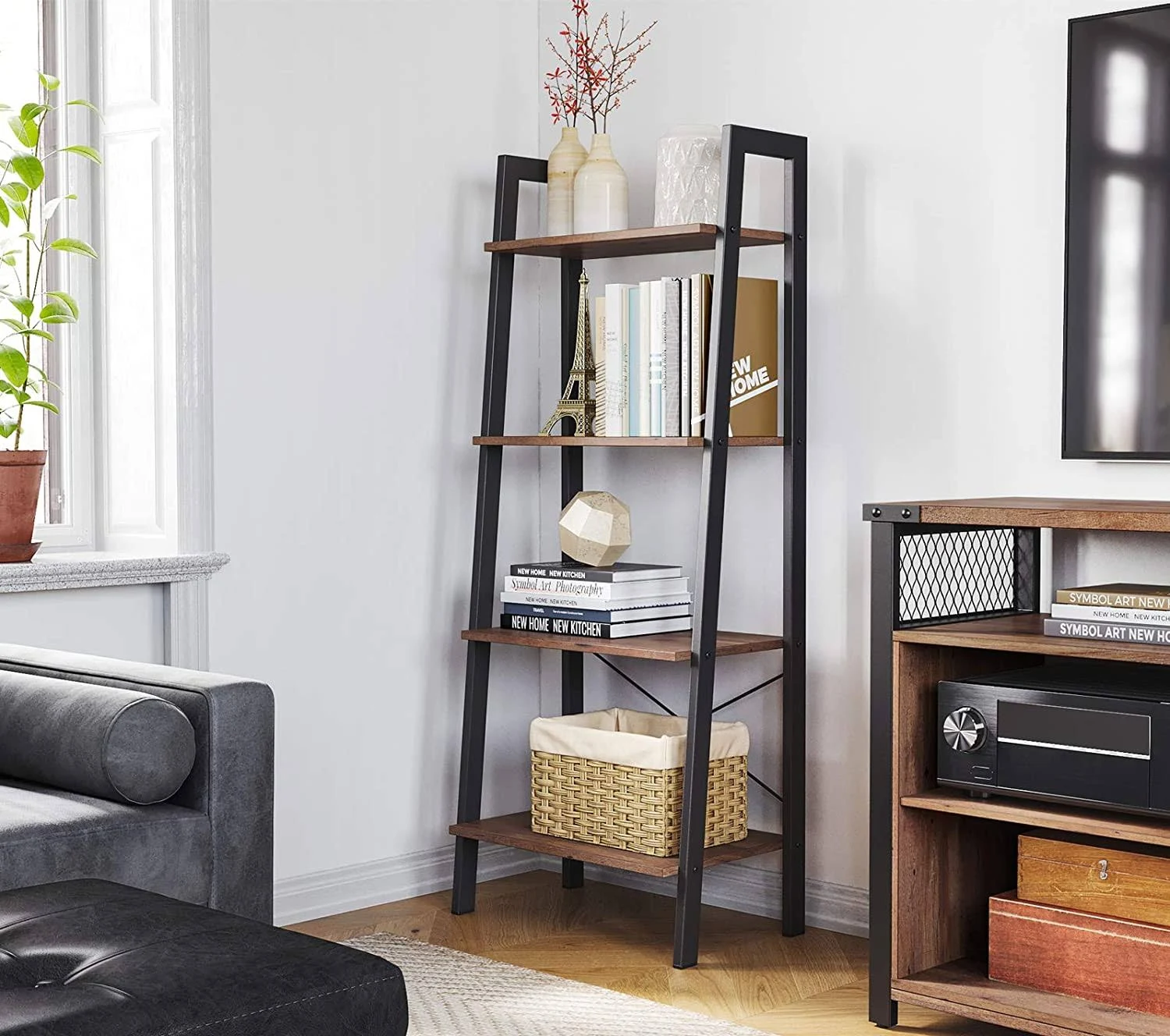 VASAGLE ALINRU Ladder Shelf, 4-Tier Bookshelf, Storage Rack Shelves, Bathroom, Living Room, Industrial Accent Furniture, Steel F