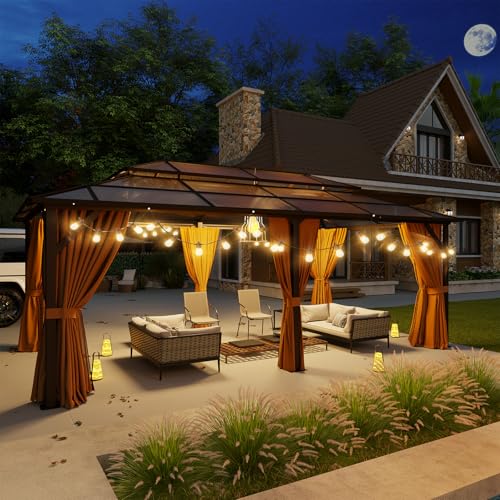 Aoxun 12'x10' Hardtop Gazebo, Aluminum Frame Permanent Pavilion with Curtains and Netting, Outdoor Polycarbonate Double Roof Canopy