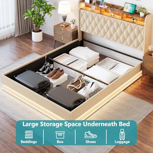 Queen Bed Frame with Storage - Lift Up Queen Size Bed Frame with Headboard, Upholstered Platform Bed with LED Lights & Charging Station