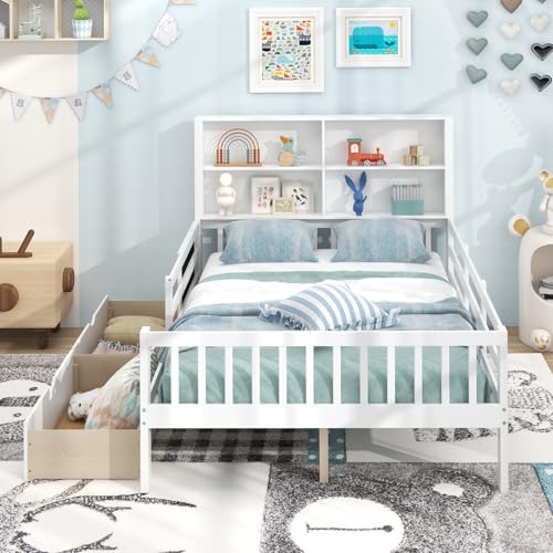 Giantex Full Bed with 2 Storage Drawers, Solid Wood Kids Bed Frame w/Bookcase Headboard & Blackboard, Full-Length Guardrails & Wooden Slats Support