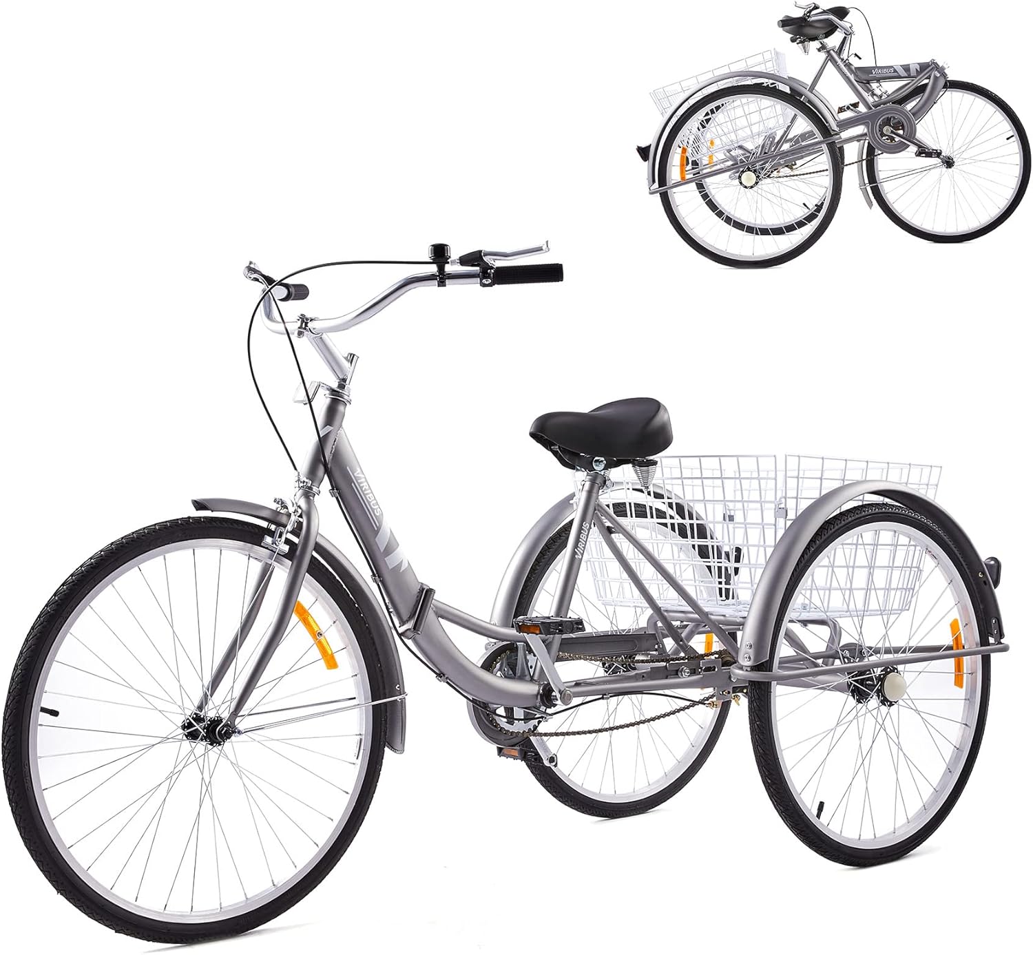 Viribus 26 Adult Folding Tricycle 1 Speed High Carbon Steel Three Wheeled Trike with Large Rear Basket Adjustable Spring Saddle Rubber Tires Bell