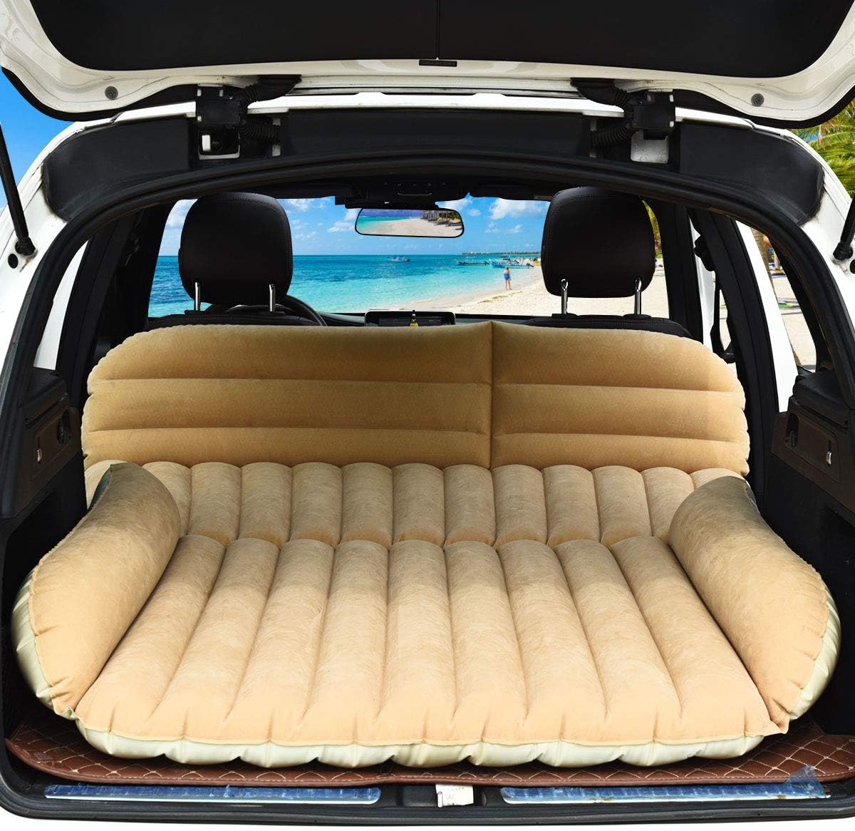 Goplus SUV Air Mattress for Back Seat, Inflatable Car Air Bed with Electric Air Pump Flocking Surface, Portable Car Mattress for Camping Travel