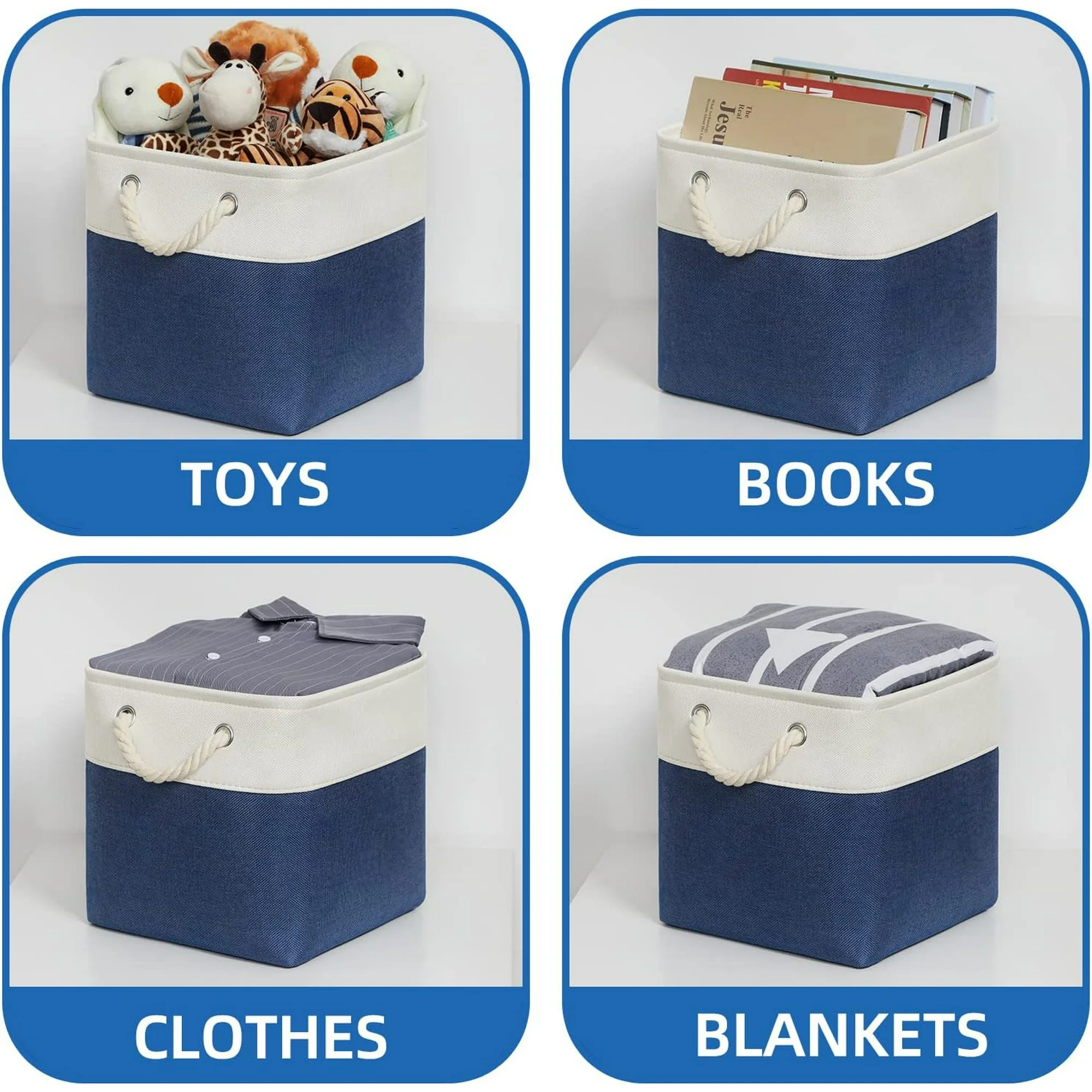 Fabric Storage Cubes 11x11 Cube Storage Bins 4Pack Blue Basket for Organizing Home, Closet, Empty Gift Baskets with Handles (White&amp;Blue)