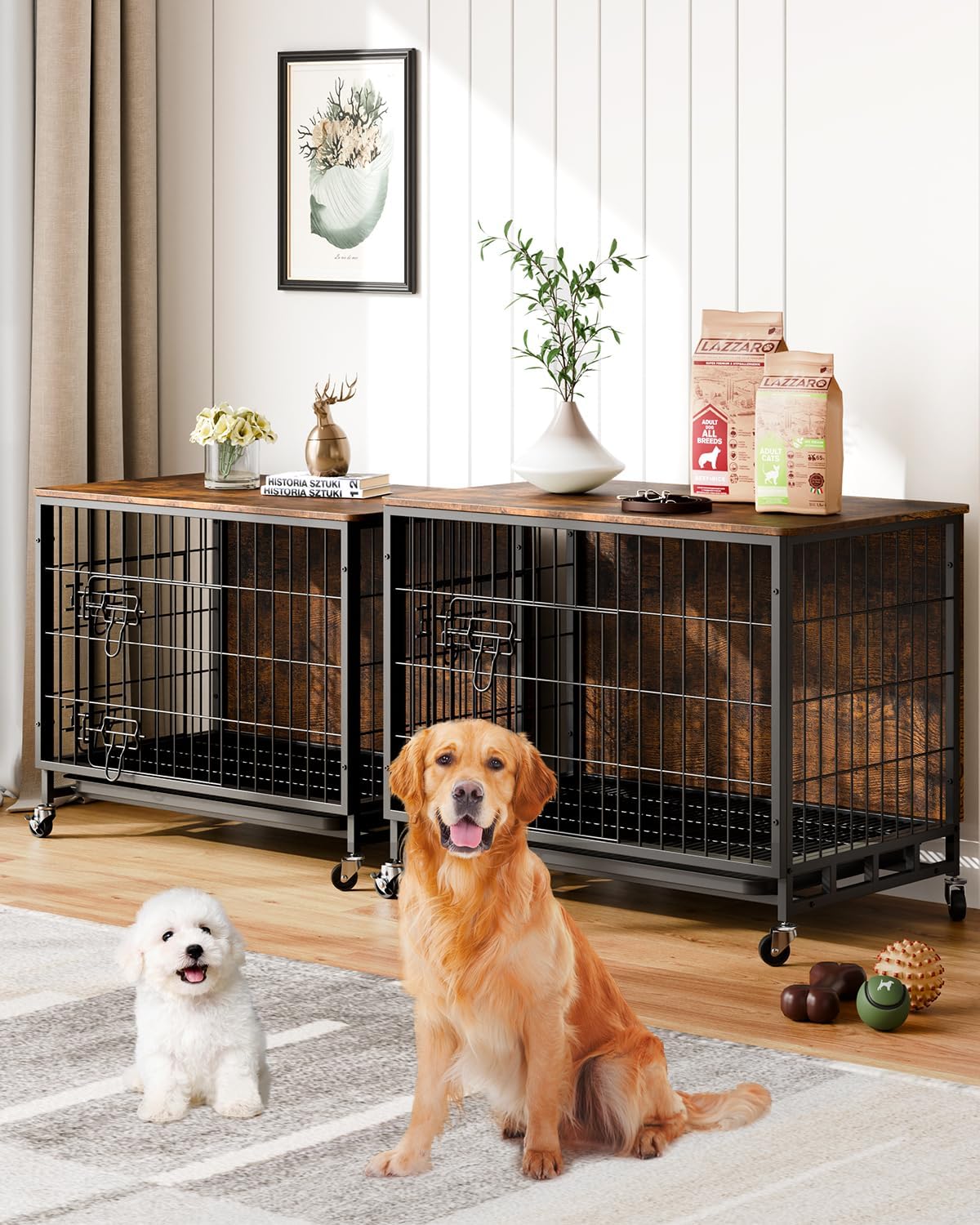 Dog Crate Furniture, 2024 New Furniture Style Dog Crate with Removable Tray and Wheels, Heavy-Duty Double-Doors Dog Cage End Table