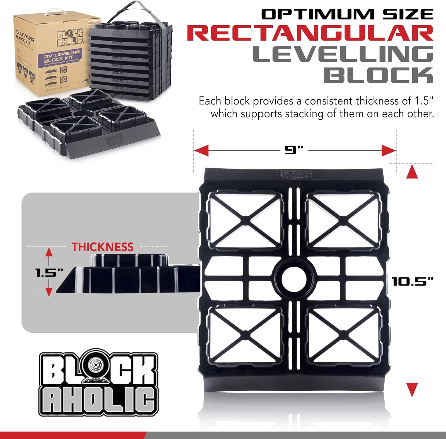 Blockaholic RV Leveling Blocks - 10 Pack of Leveling Blocks with Built-in Ramps and Carrying Strap