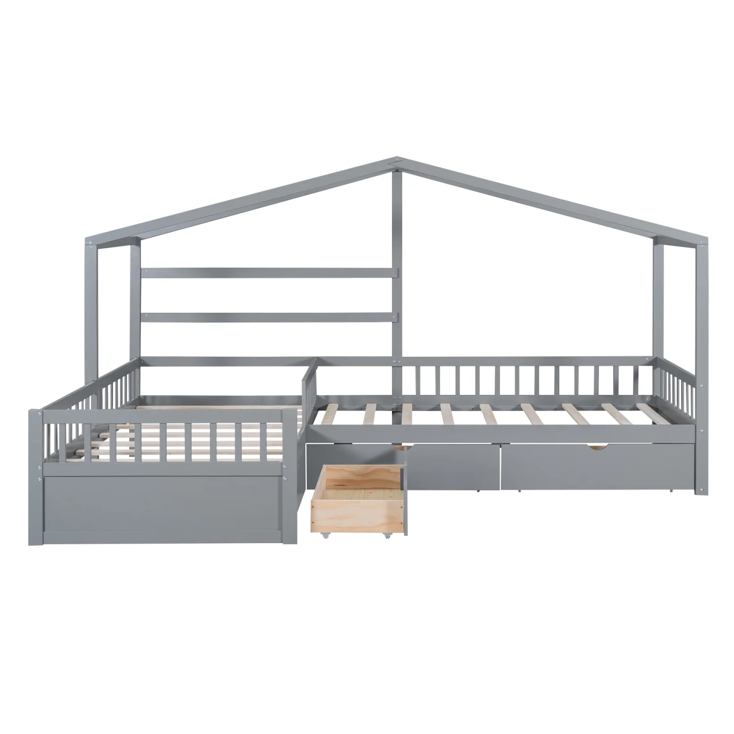 Churanty L Shaped Twin Bed for 2 Kids, Twin Size House Platform Bed with 3 Storage Drawers, Wood Double Twin Beds with Fence and Roof