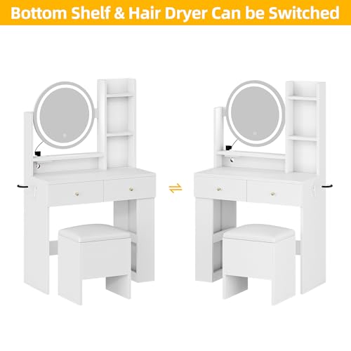 DWVO Vanity Desk with Mirror and Lights, Makeup Vanity Table Set with Power Outlets and Chair, 3 Lighting Colors