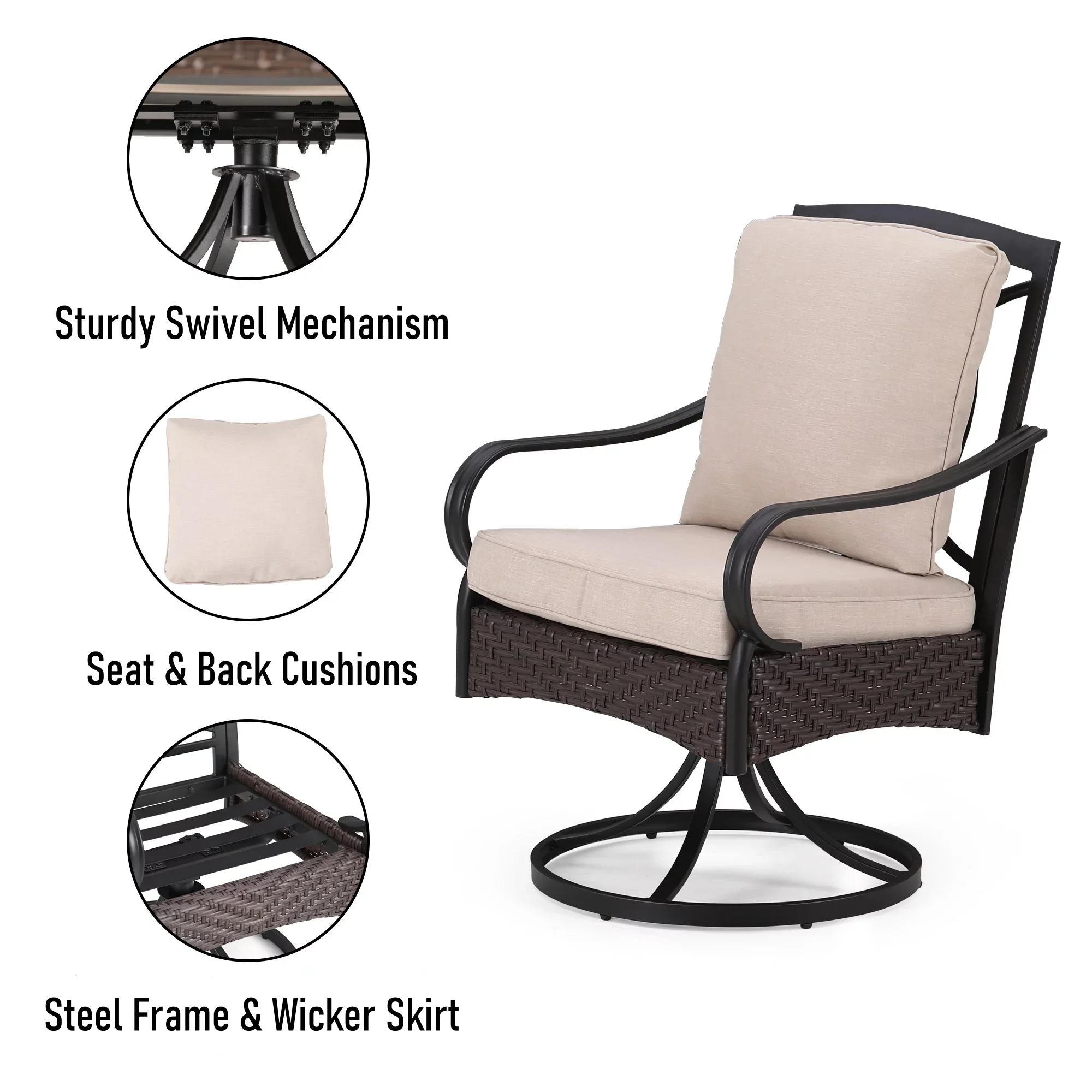 MF Studio 5-Piece Patio Conversation Set with 4 Swivel Wicker Cushioned Chairs & Fire Pit Table, 50,000 BTU, Black & Beige