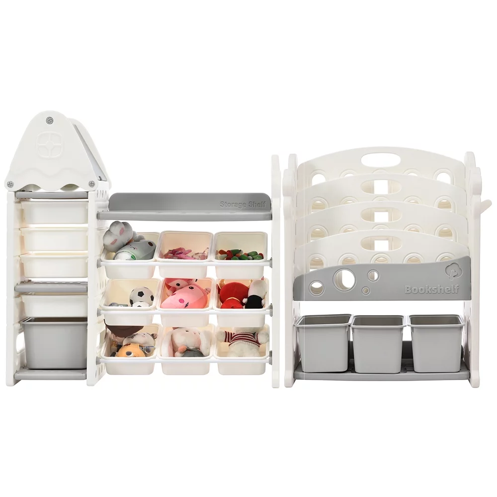 Kids Bookshelf Toy Storage Organizer, Multi-functional Nursery Organizer with 17 Bins and 4 Bookshelves