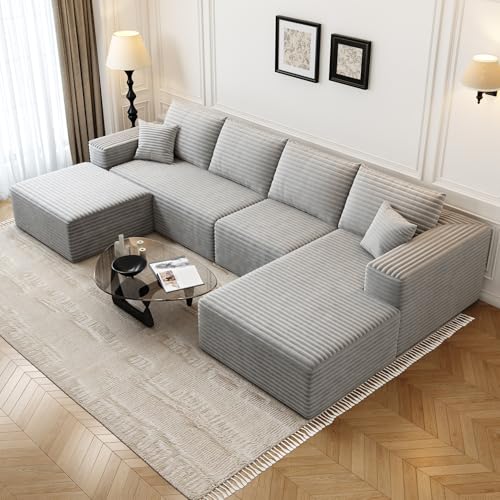 107.5" Cloud Modular Sectional Sofa with 1 Ottoman,Modern Minimalist Upholstered Couches, Comfort U Shaped Sofa for Living Room