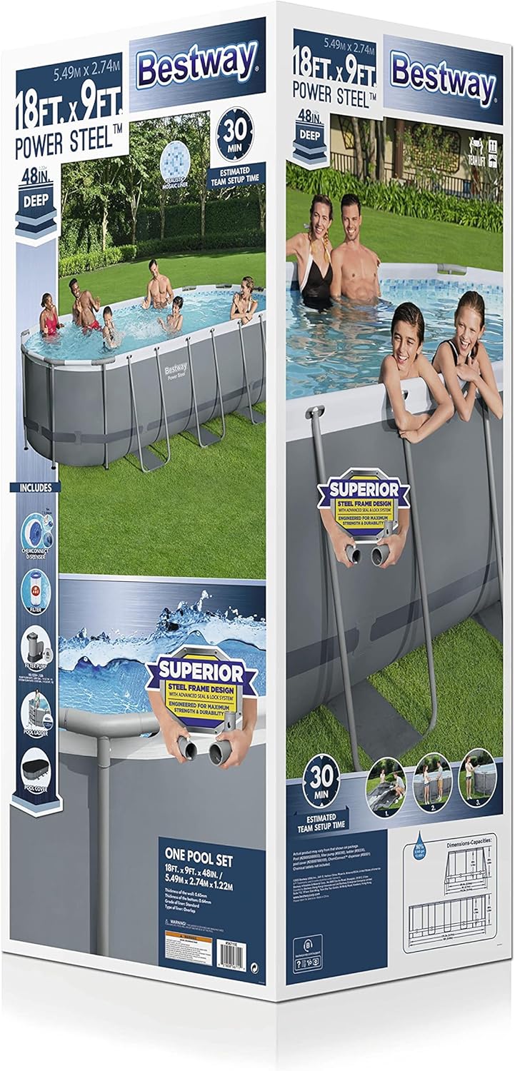 Bestway 56711E Power Steel 18' x 9' x 48 Outdoor Oval Frame Above Ground Swimming Pool Set with 1500 GPH Cartridge Filter Pump, Cover, & Ladder, Gray