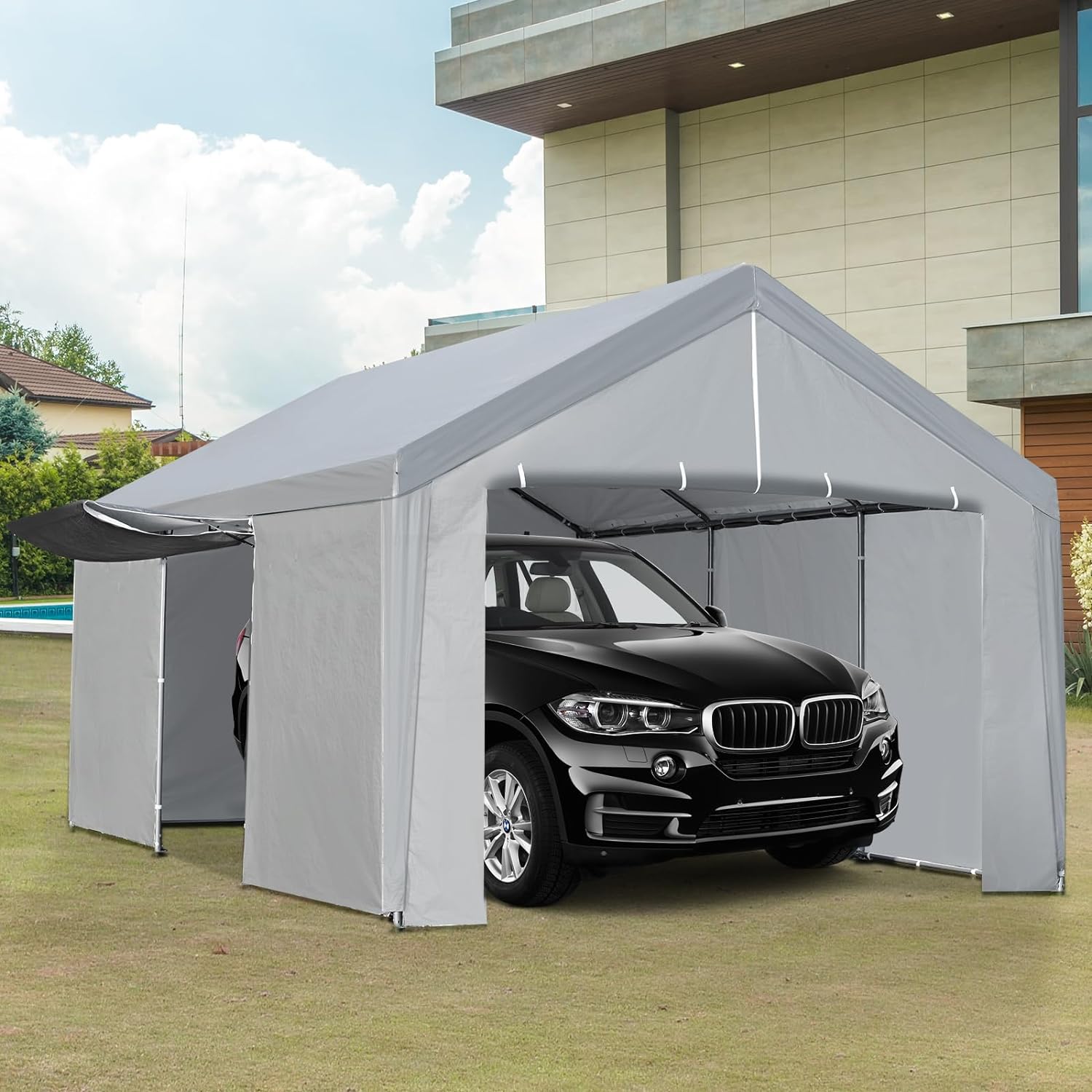 Carport 13×20 FT Heavy Duty Car Canopy Storage Shed, Portable Garage Party Tent with Removable Sidewall & Door, Reinforced Triangular Beam