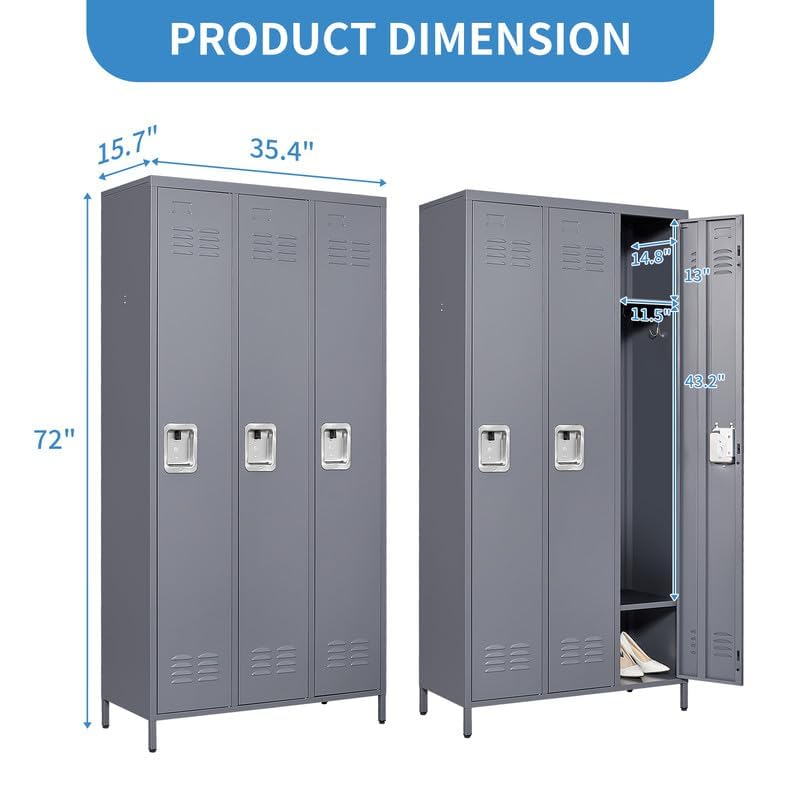 3 Doors Lockers for Employees, Steel Storage Lockers Lockable, Metal Locker Storage Cabinet for Home Office School Gym, Require Assembly (Grey)