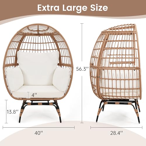 Oversized 360 Swivel Rattan Egg Chair for Adult, Indoor Outdoor Patio Large Wicker Egg Chair with Overstuffed Cushions, 440lb Weight Capacity