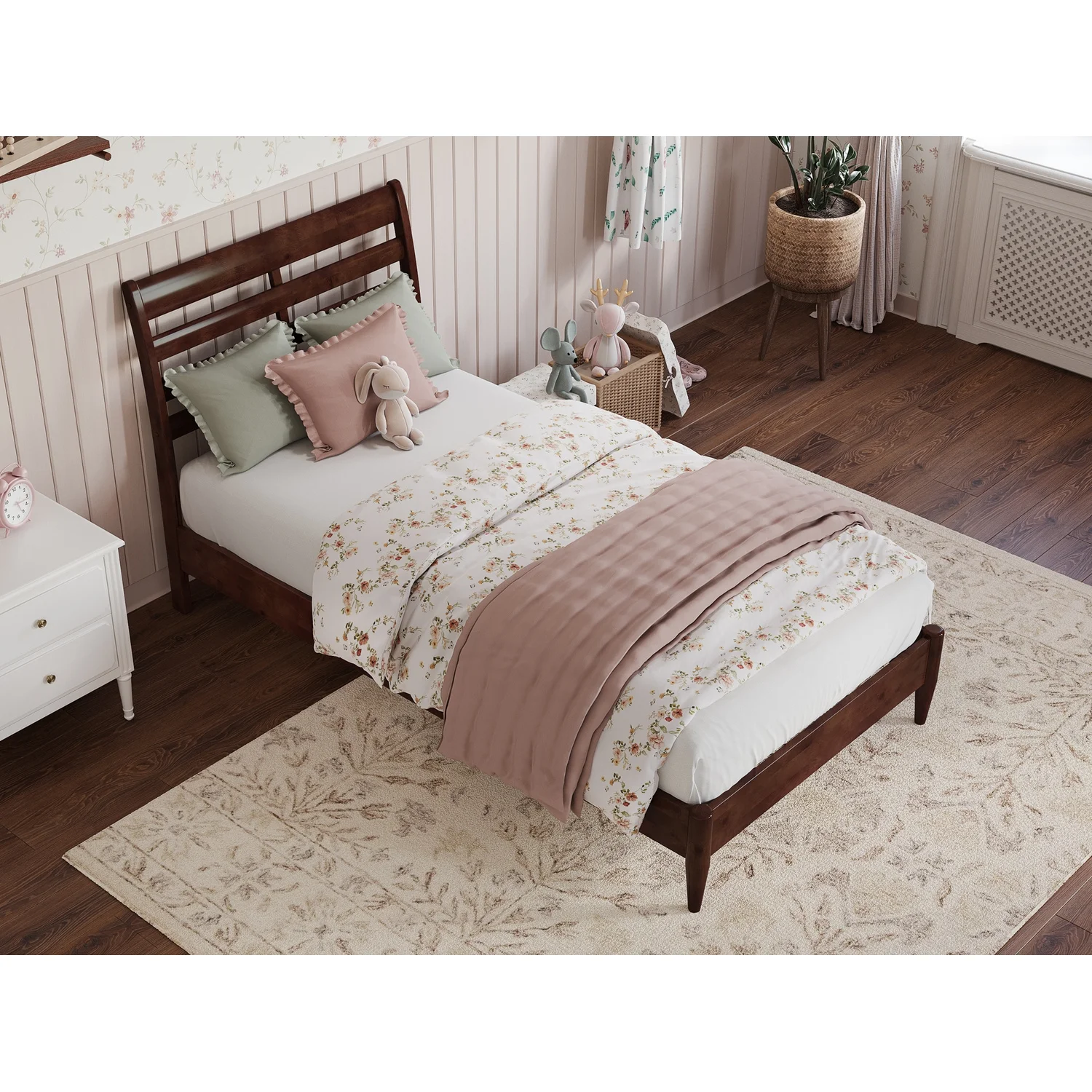 Savannah Twin Wood Low Profile Platform Bed in Walnut