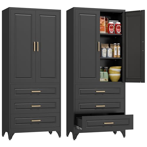 Pantry Cabinet, 71 Inch Tall Kitchen Storage Cabinet, Metal Pantry Cabinet with Doors and Adjustable Shelves, Black Food Cupboard