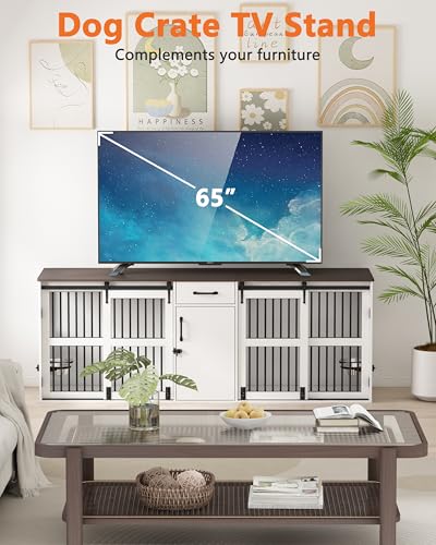 Piskyet 84.5" Double Medium Dog Crate Furniture,Heavy Duty Farmhouse Style Tv Stand Dog Kennel with Drawer and Cabinet