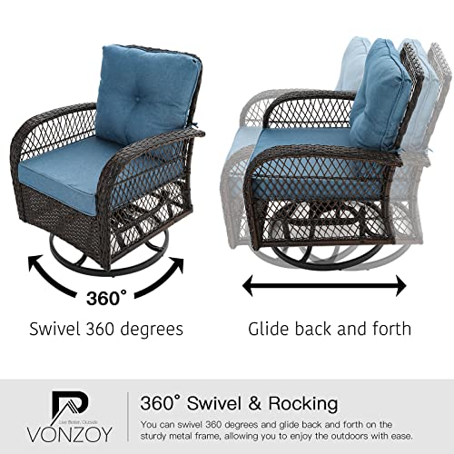 3 Pieces Patio Furniture Set, Outdoor Swivel Glider Rocker, Wicker Patio Bistro Set with Rocking Chair, Thickened Cushions and Table for Porch (Blue)