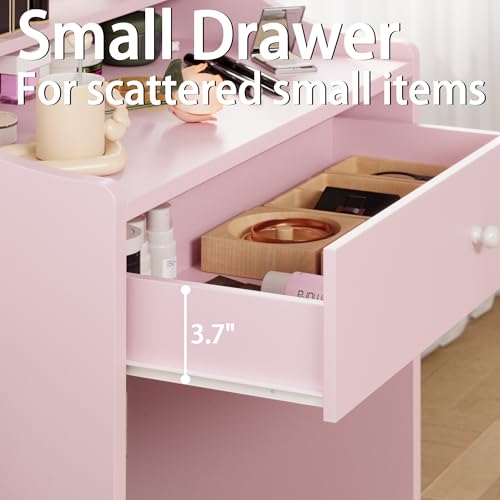 LIKIMIO Small Makeup Vanity Desk with Mirror and Lights, Vanity Table Set with Storage Drawer, Chair and Three Shelves, Bedroom, White