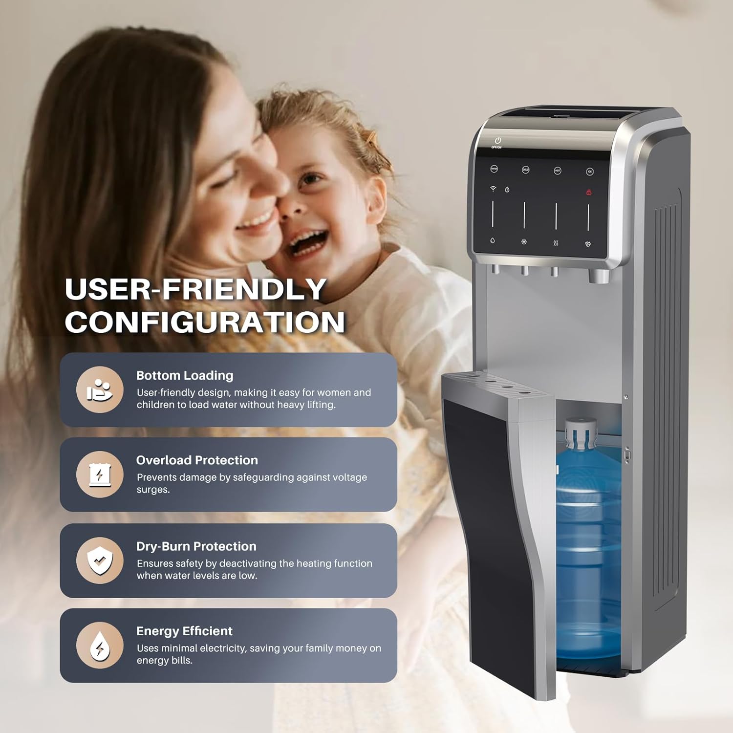 ICEPURE Water Dispenser with Ice Maker, 5-in-1 Water Cooler 5 Gallon Built-in Ice Maker Crushed Ice, Hot and Cold Water Dispenser Bottom Load