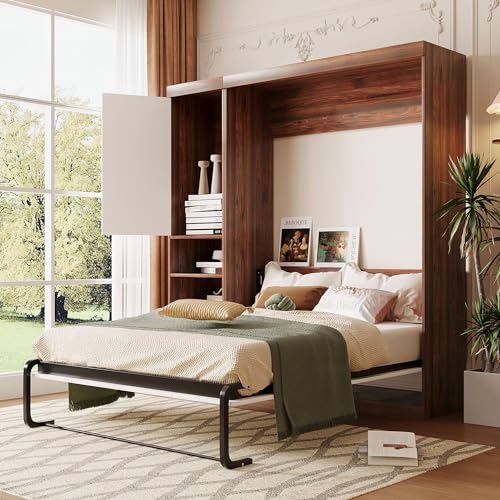 SOFTSEA Full Murphy Bed Wall Beds, Wood White Cabinet Bed 61.5” Foldable Platform Bed with Shelf for Guest Room