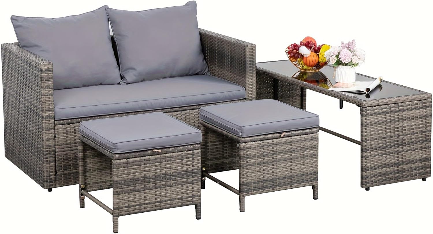 Vongrasig 4 Piece Patio Furniture Set Outdoor Wicker Conversation Set Rattan Sectional Sofa with Cushions