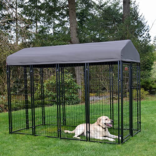 Stay Series 4 by 4 by 4.3 Feet Studio Jr. Black Powder Coat Steel Frame Outdoor Dog Kennel with Waterproof Canopy Roof and Gate Door, Khaki