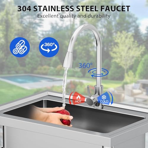 28"x20"x34" Stainless Steel Utility Sink, Freestanding Single Bowl with Hot & Cold Water Faucet