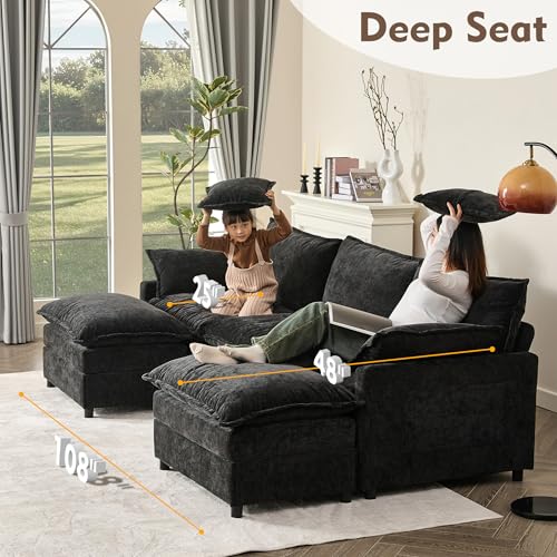 108" U Shaped Couch, Modular Sectional Sofa, 3-Seater Comfy Cloud Couch with Movable Ottoman, Deep Seat Couches for Living Room, Chenille, Black