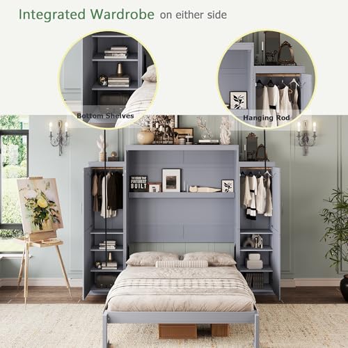 Polib Full Size Murphy Bed with Two Wardrobes and Storage Shelf, Space-Saving Wall Cabinet Bed with Foldable Platform Bedframe for Small Bedrooms