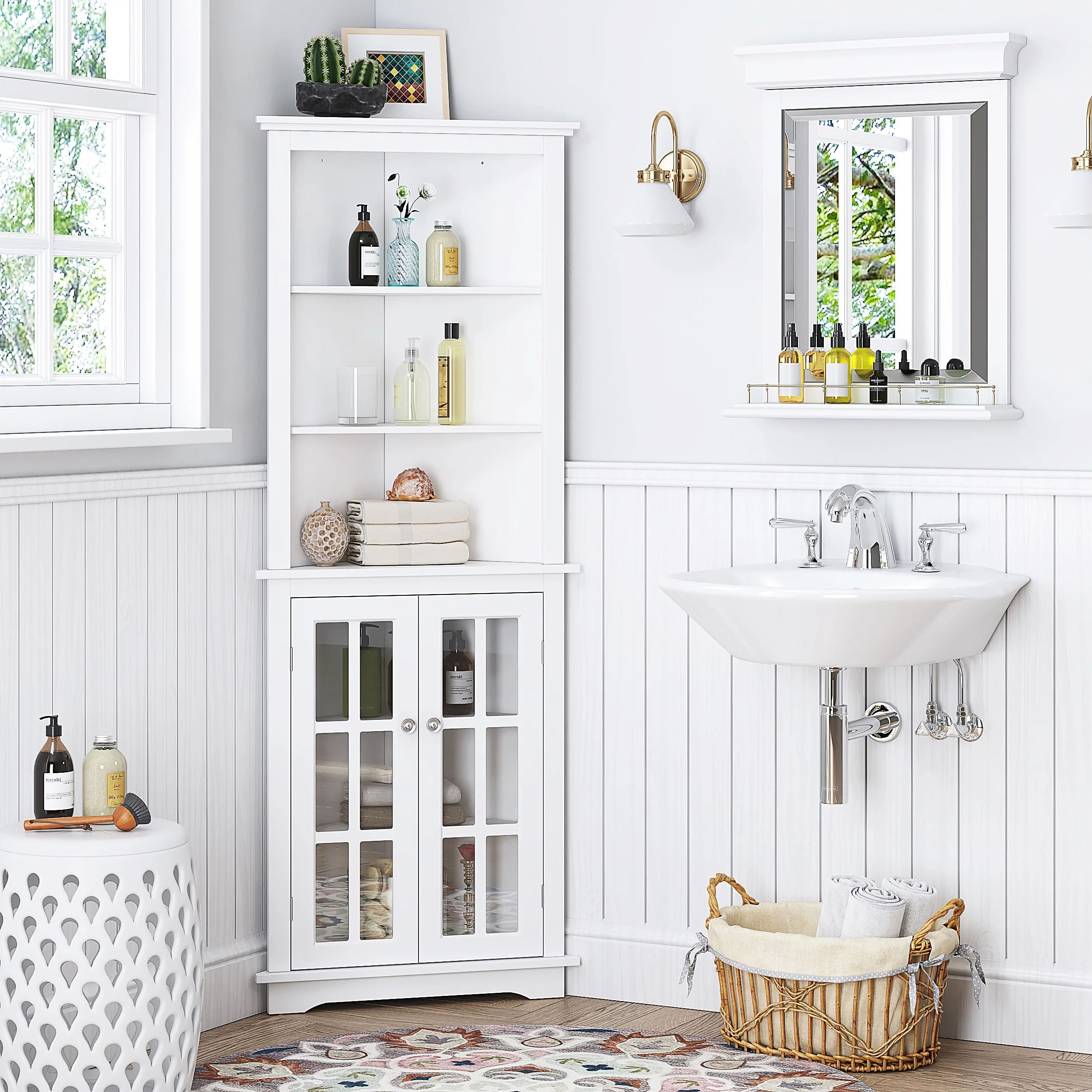 Spirich Home Bathroom Tall Corner Storage Cabinet, Floor Slim Display Storage Cabinet with Glass Doors and Adjustable Shelves for Bathroom, Kitchen