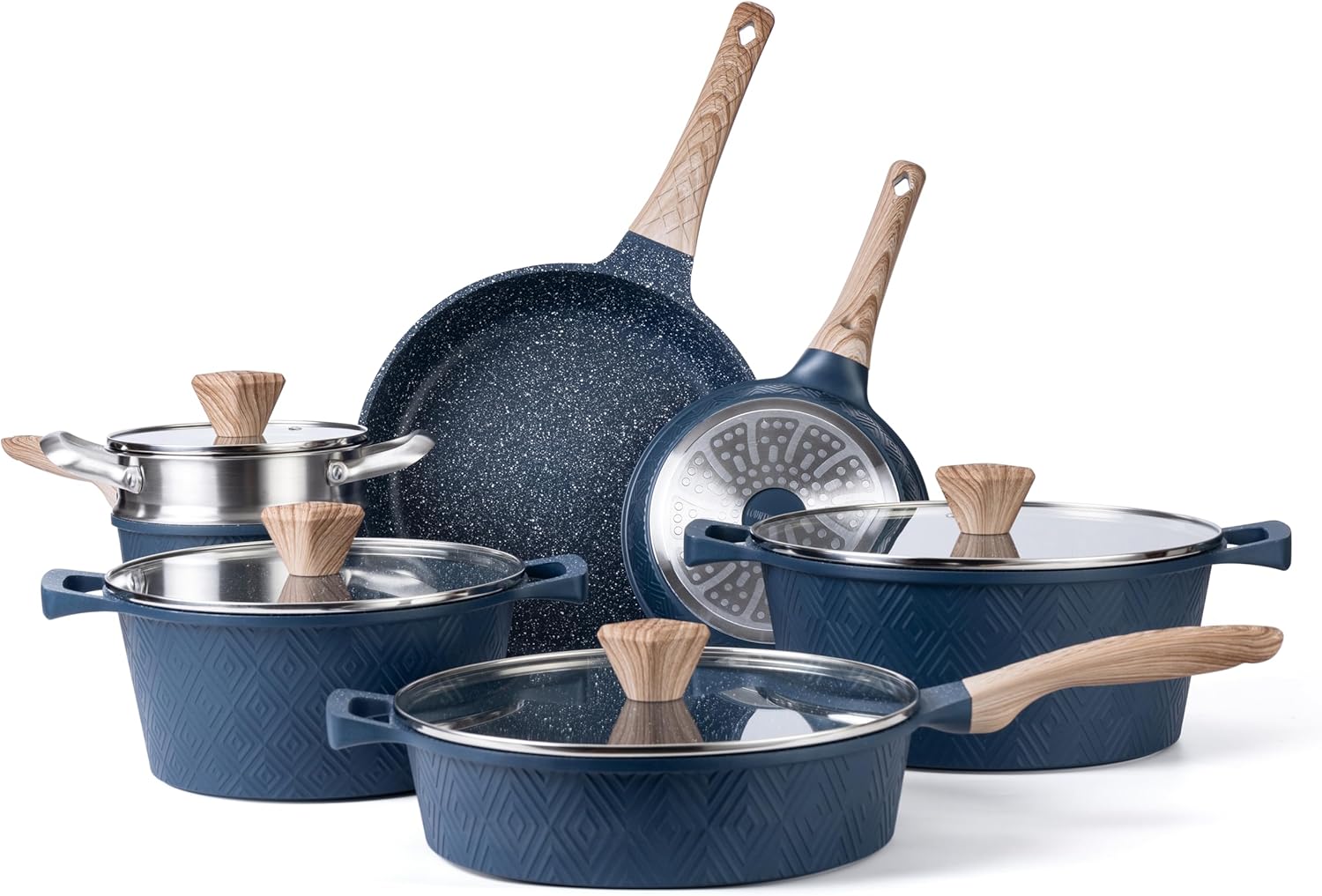Country Kitchen Induction Cookware Sets - 13 Piece Nonstick Cast Aluminum Pots and Pans with BAKELITE Handles, Glass Lids- Rhombas Design (Navy)