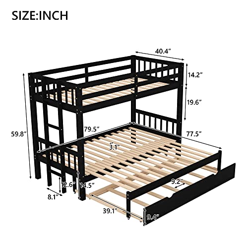 Twin over Double Twin Bunk Bed with Trundle, Convertible Down Bed, Pull-Out Multi-Functional Bunk Bed for 4 People