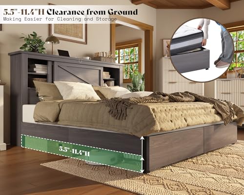AMERLIFE 47.2" H King Bed Frame with Hidden Space Bookcase Headboard and Charging Station, Beds with 2 Storage Drawers and Wood Slats