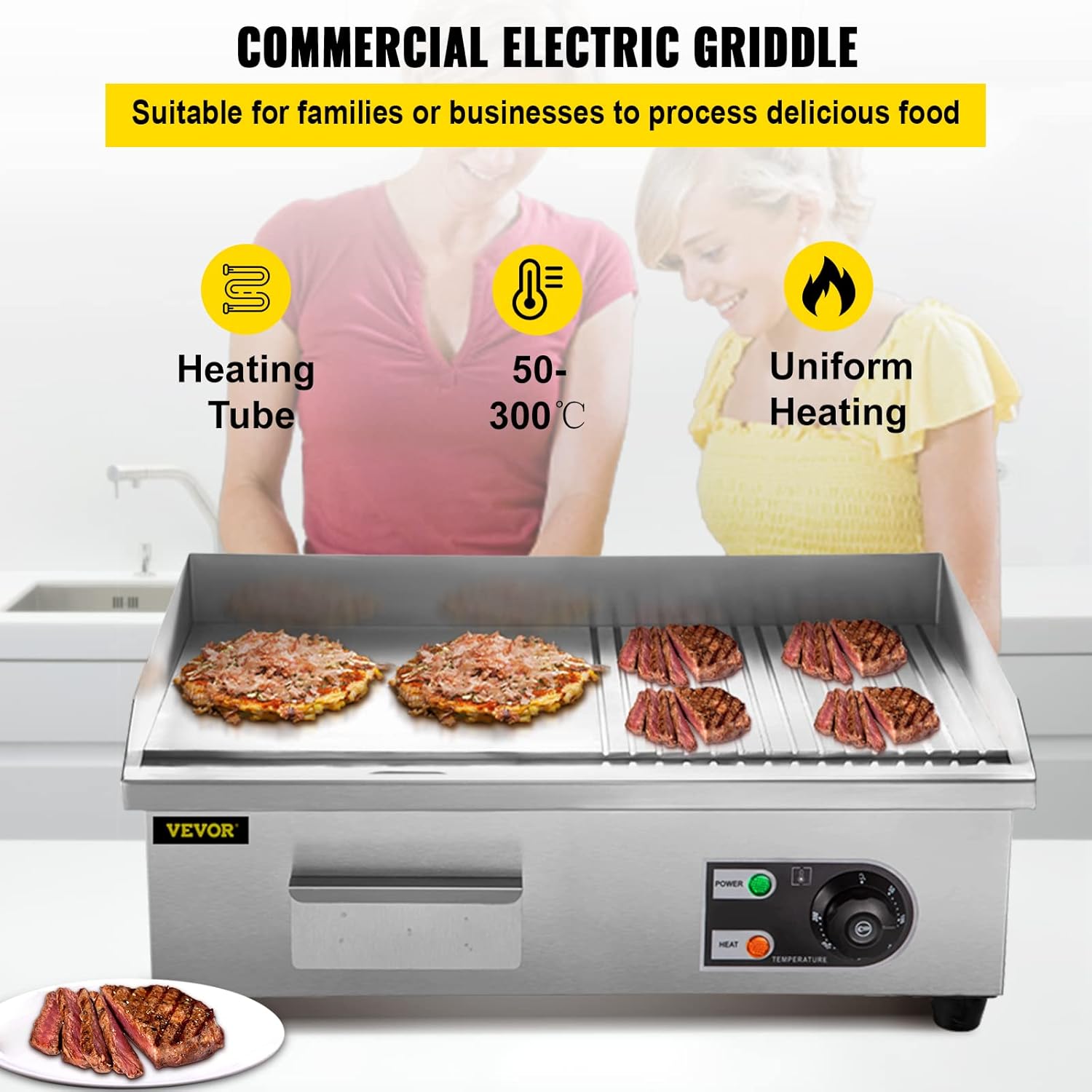 VEVOR 22" Commercial Electric Griddle, 1600W Electric Flat Top Grill, Half Grooved Teppanyaki Grill