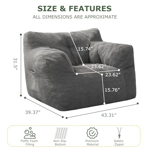 HIGOGOGO Giant Bean Bag Chairs for Adults,Big Comfy Chair Sofa for Bedroom Living Room, Large Lazy Bean Bag Chair with Pocket Armrests for Gaming