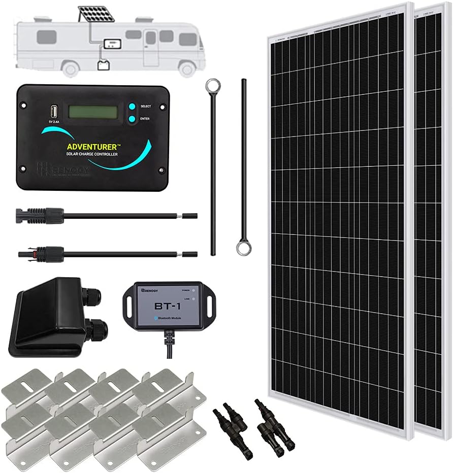 Renogy 300 Watts 12 Volts Monocrystalline Solar RV Kit with 30A PWM LCD Charge Controller/Solar Panel Connectors/Tray Cable/Corner Bracket