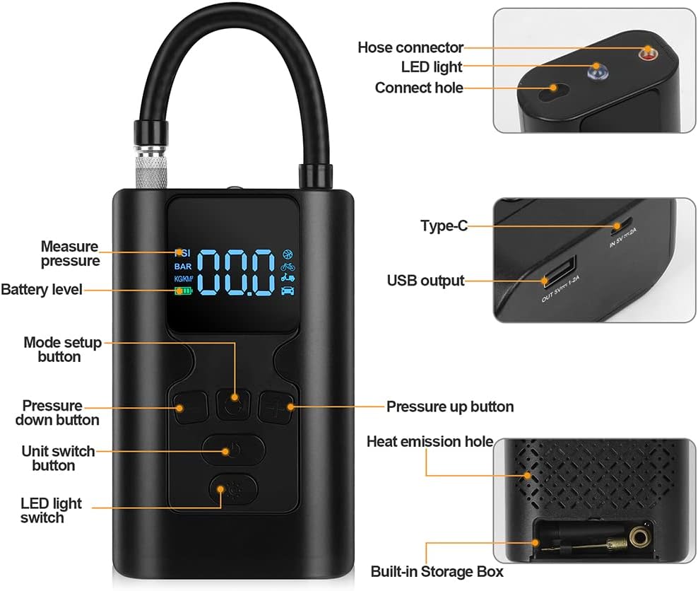 Okubukai Tire Inflator Portable Air Compressor for Car Tire,150PSI Mini Cordless Electric Tire Air Pump with Digital Pressure Gauge LED Light