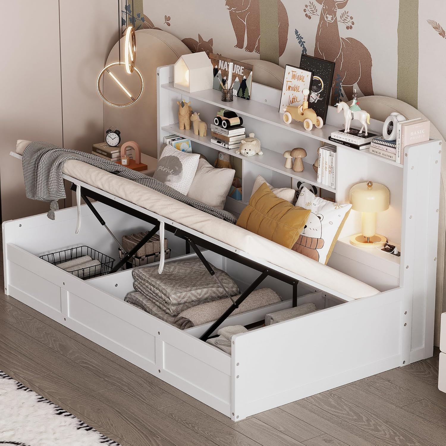 Twin Size Daybed with Storage Bookcases, Underneath Storage and USB Charging Station