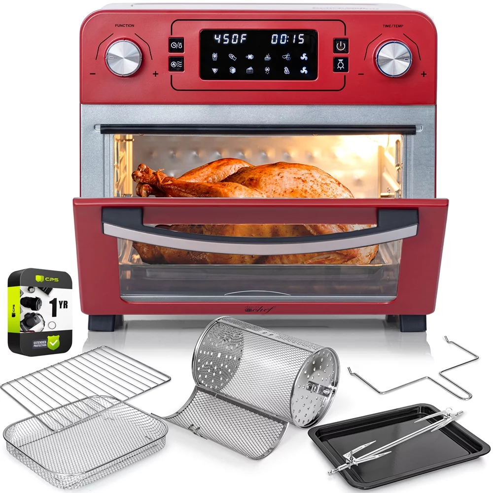 Deco Chef TQAIRRED 24QT Stainless Steel Countertop Toaster Air Fryer Oven with Accessories Red Bundle with 1 Year Extended Protection Plan