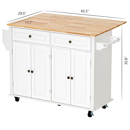 Kitchen Cart with Wood Top and Drop Leaf Breakfast Bar, Rolling Mobile Kitchen Island Table on Wheels with Drawer and Storage Cabinet, Spice Rack