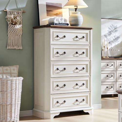 T4TREAM Farmhouse 5 Drawers Dresser for Bedroom, 48" Tall Wood Rustic Chest of Drawers with Natural Texture, Vintage Design