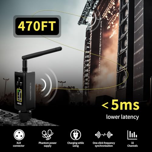 UHF Wireless XLR Transmitter and Receiver with Dual Antennas, 470ft Range, Auto Channel Scanning, Plug-on Wireless Mic Adapter for Audio Mixer