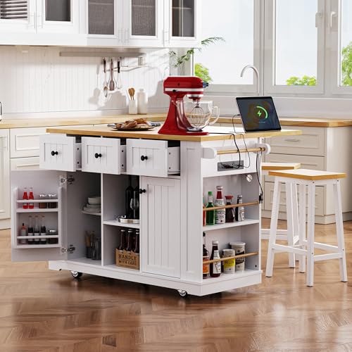 Farmhouse Kitchen Island with Power Outlet, Drop Leaf, Spice Rack and Drawer,Rolling Kitchen Cart on Wheels
