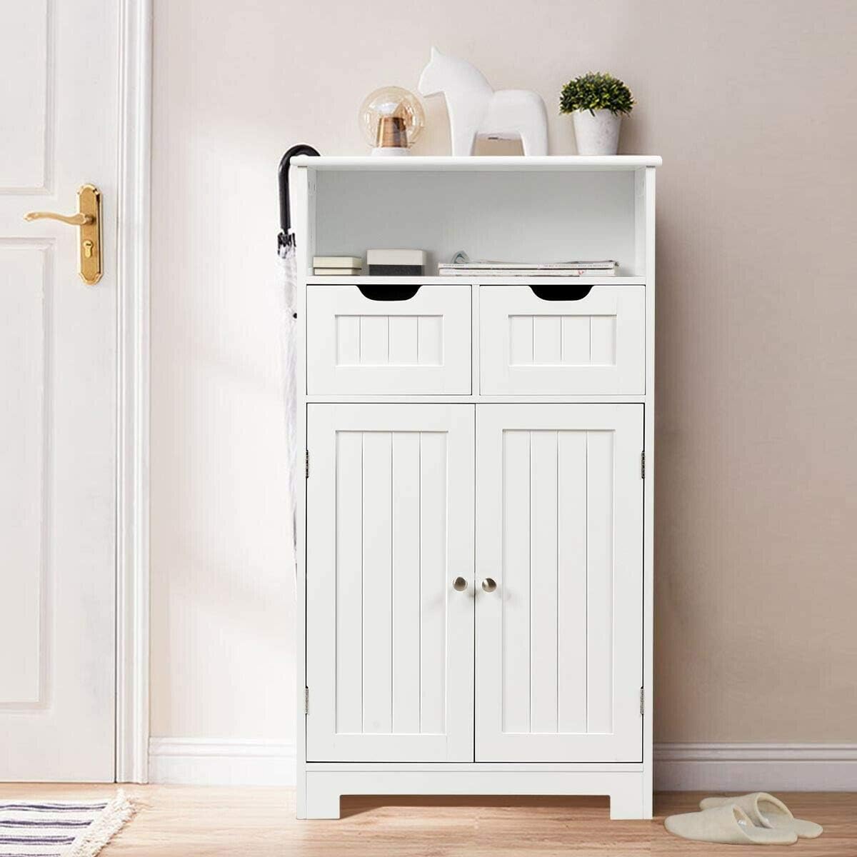 Elegant Design Multifunction Freestanding Bathroom Floor Cupboard Cabinet Storage Organize with 2 Drawer Adjustable 2 Doors Sturdy Durable for Toilet