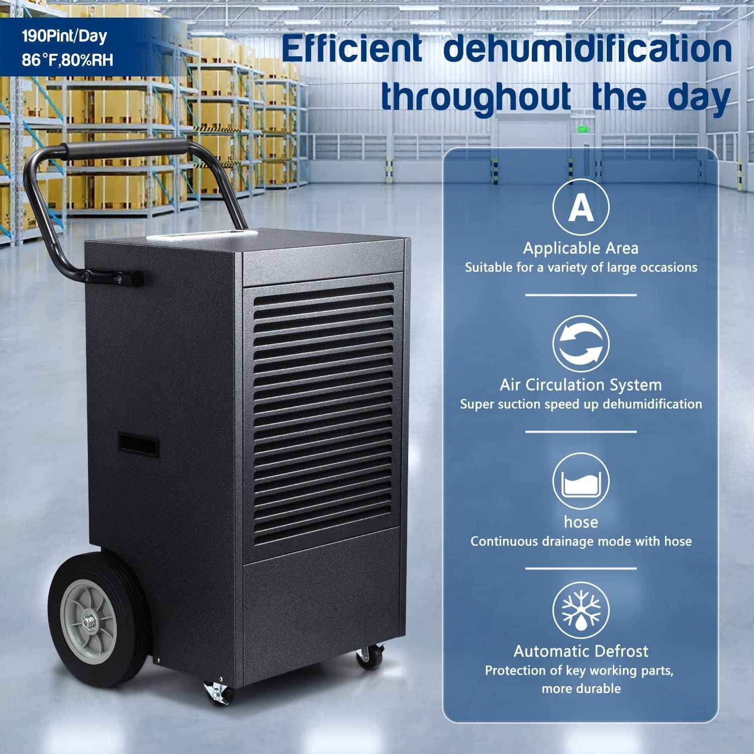 Commercial Dehumidifier 190 Pint,with Drain Pump and Hose,for Basement,Factory,Shopping Malls,Continuous drainage,Automatic Defrost，Memory Function
