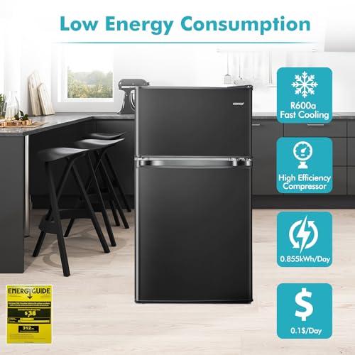 COSTWAY Compact Refrigerator, 3.2 Cu.Ft. Fridge Freezer Compartment with Reversible 2 Door, Adjustable Thermostat, Removable Glass Shelves