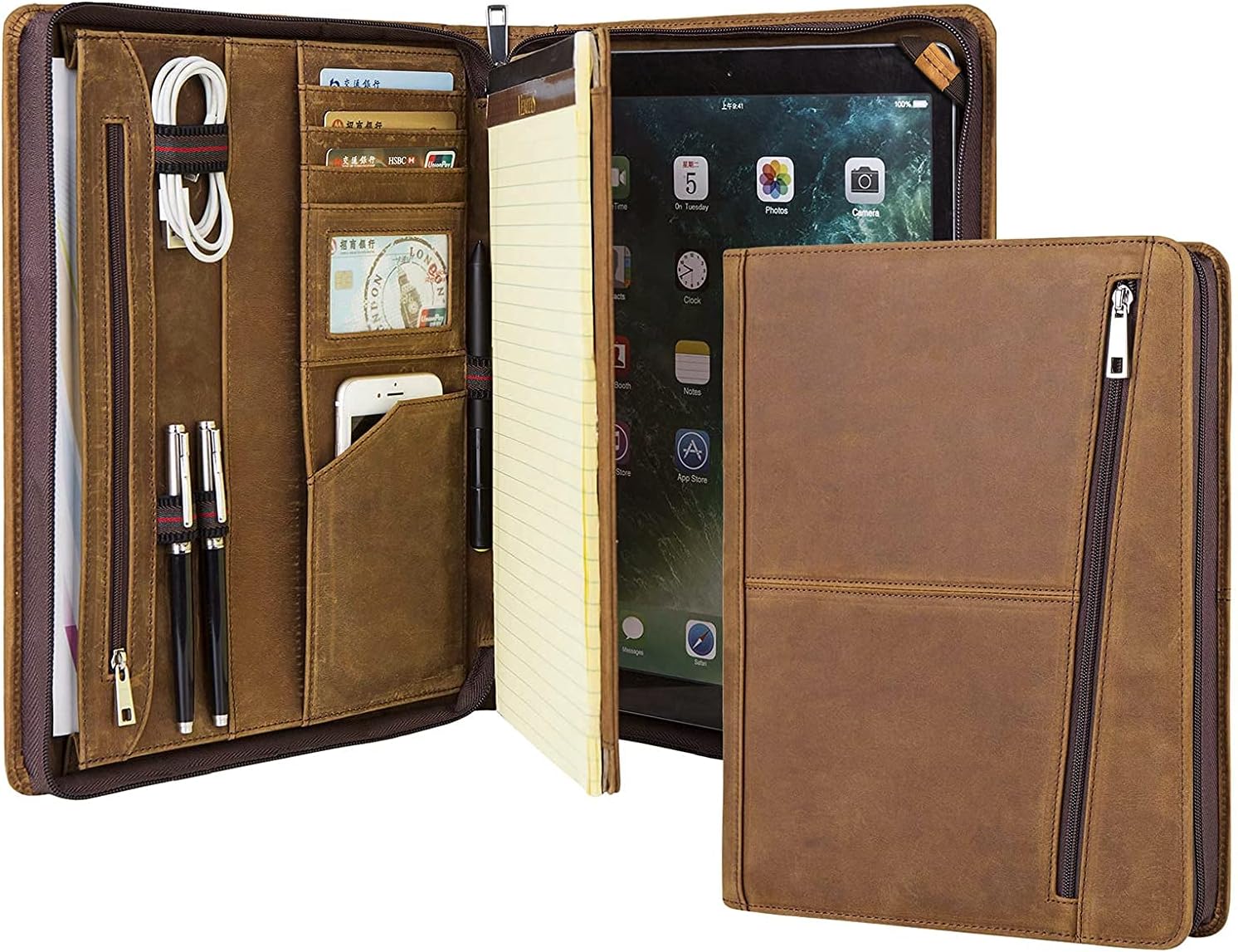 Professional Slim Padfolio for 9.7-inch iPad Pro or iPad Air, Full Grain Cow Leather Portfolio Case Organizer for Letter Size (A4) Notepad
