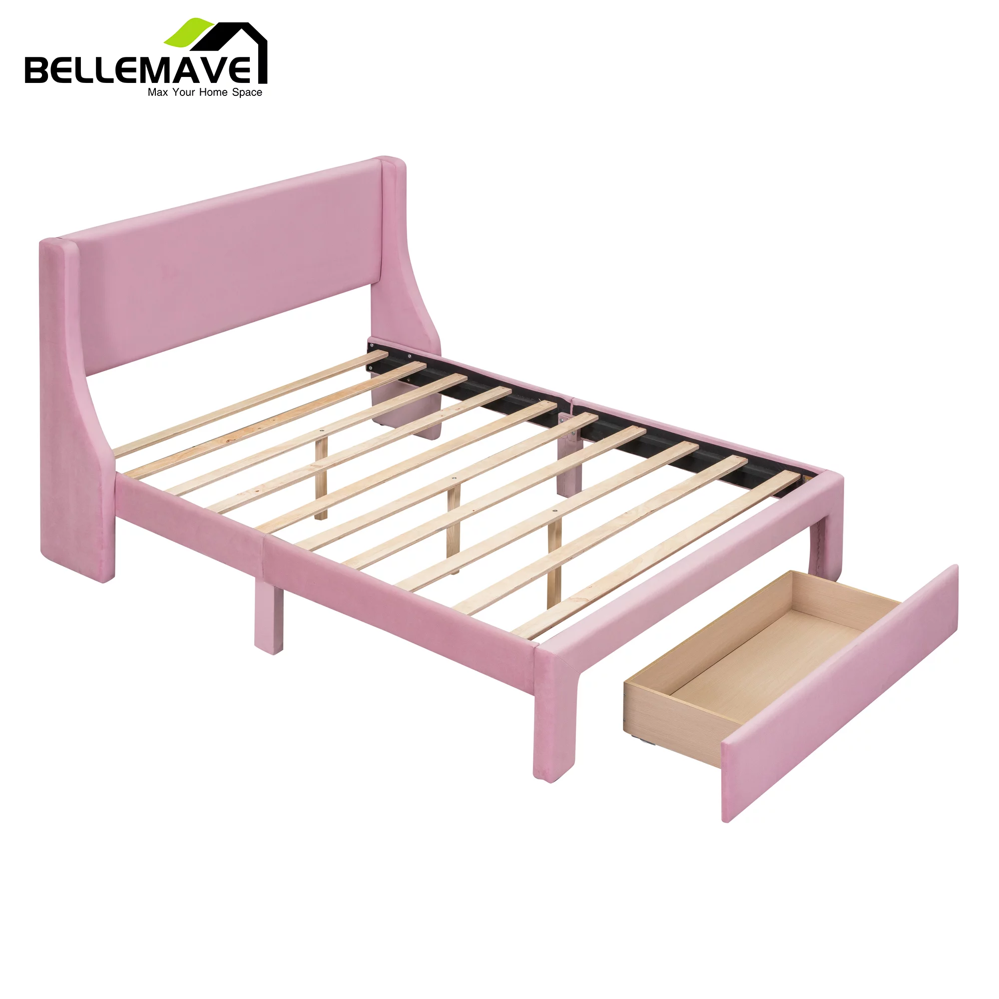 Bellemave Full Size Pink Velvet Upholstered Platform Bed with One Spacious Drawer and Wood Slats